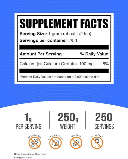 BulkSupplements.com Calcium Orotate Powder - Calcium Powder Supplement, Calcium Orotate Supplements - Gluten Free, 1000mg (100mg Calcium) per Serving, 250g (8.8 oz) (Pack of 1)