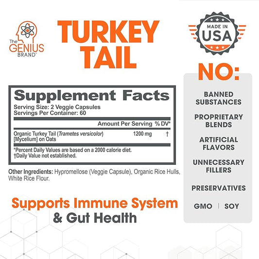 The Genius Brand - Genius Turkey Tail Supplement Capsules – Organic, Comprehensive Digestive and Gut Health Support – 120 Capsules