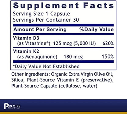 Premier Research Labs: Vitamin D3 + K2 Supplements 5000 IU 30 Plant-Source