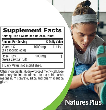 Natures Plus Vitamin C with Rose HIPS - 1000 mg Ascorbic Acid, 180 Vegetarian Tablets - Gluten-Free - 180 Servings
