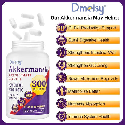 GLP-1 Supplement - 300 Billion AFU Akkermansia Muciniphila, Akkermansia Probiotic for Women & Men, for Boost GLP-1, Digestive, Gut, Immunity, Enhances Gut Lining Function & Intestinal Walls, 120 Count