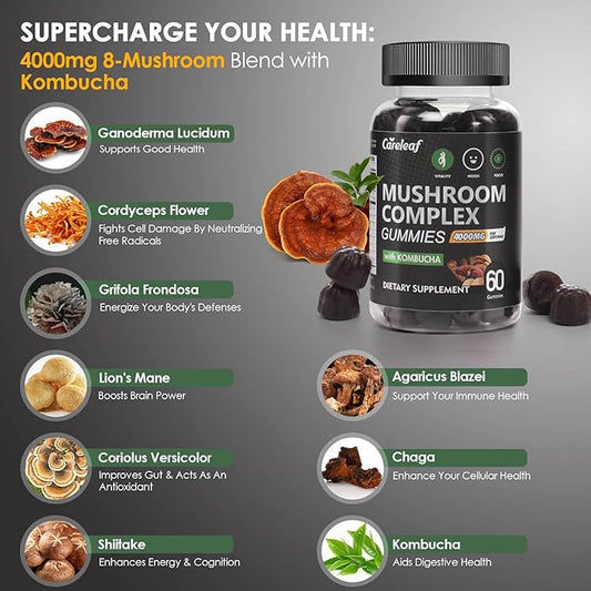 9 in 1 Mushroom Gummies with Lion's Mane for Focus and Energy Supplement to Support Immune System De-Stress Boost Mood & Energy 60 Count Kombucha Flavor