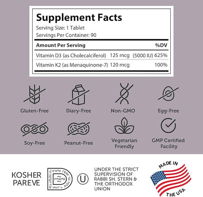 Zahler - Vitamin D3 & K2 (90 Count) K2 D3 D3 Vitamin 5000 IU K2 for