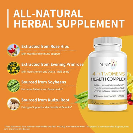Women's 4-in-1 Natural Hormonal Balance & Skin Health Supplement - Rose Hip, Soy Isoflavones, Evening Primrose & Pueraria Mirifica Extract - 60 Gluten-Free Vegan Capsules - 2 Pack