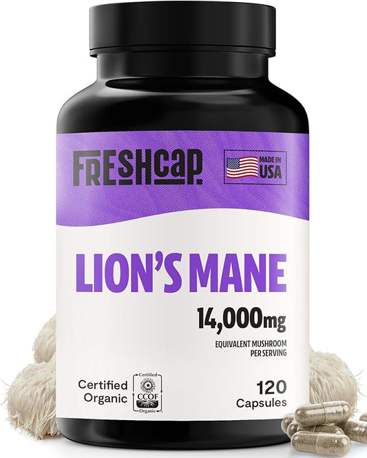 FreshCap Lions Mane Supplement Capsules 14,000mg - Lion's Mane Mushroom Capsules, Lions Mane Extract, Lion Mane Mushroom Supplement, Ayurveda Lions Mane Mushroom Capsules (120 Capsules)