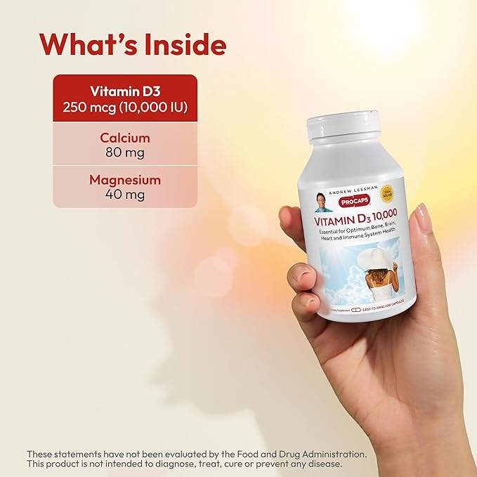 ANDREW LESSMAN Vitamin D3 10,000 IU 60 Capsules – High Potency, Essential for Calcium Absorption, Supports Bone Health, Healthy Muscle Function, Immune System and More. Small Easy to Swallow Capsules