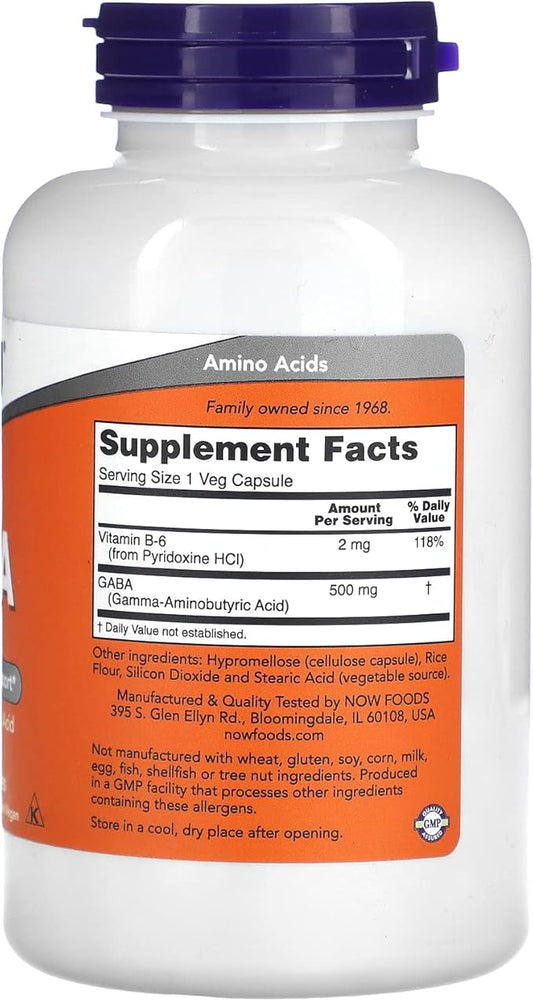 NOW Supplements, GABA (Gamma-Aminobutyric Acid) 500 B-6, Natural 200 Veg