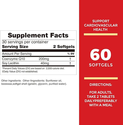 Nature's Key CoQ10 200mg Softgels 3X Better Q10 for 50mg Soy 1 Month Supply(60 Counts)