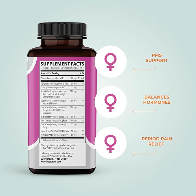 PreMense-T - PMS Relief Supplement - Ginger, Cramp Bark, Black Cohosh, Dong Quai, Chasteberry & Vitamin B6 - Supports Hormonal Imbalance, Bloating, Cramping & Breast Tenderness - 60 Capsules