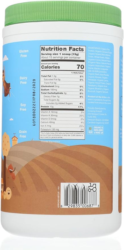 Amazing Grass Kidz Superfood: Vegan Protein & Probiotics for Kids with Beet Root Powder & 1/2 Cup of Leafy Greens, Extreme Chocolate, 15 Servings