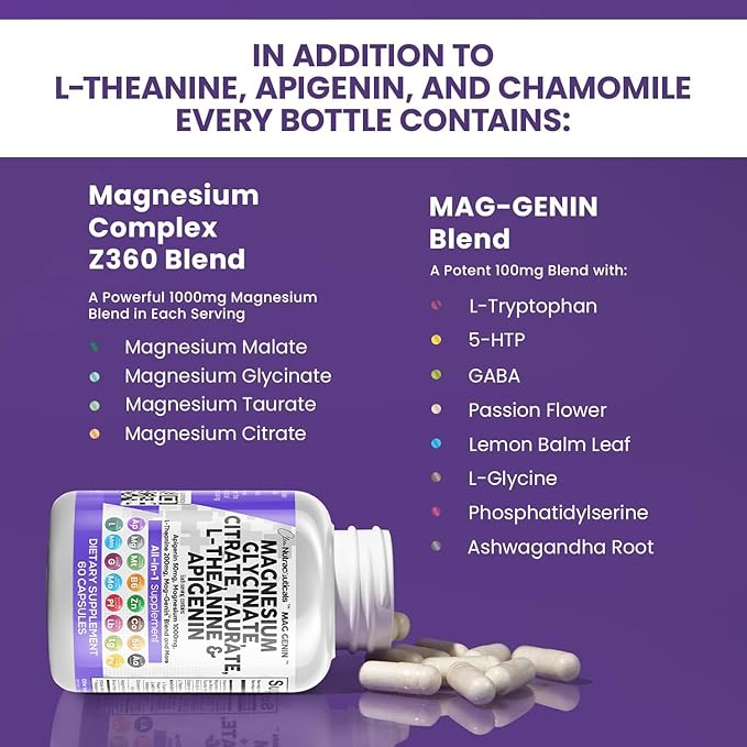 Magnesium Glycinate Complex 1000mg with L-Theanine 200mg Apigenin 50mg Citrate 5-HTP GABA 60 Count