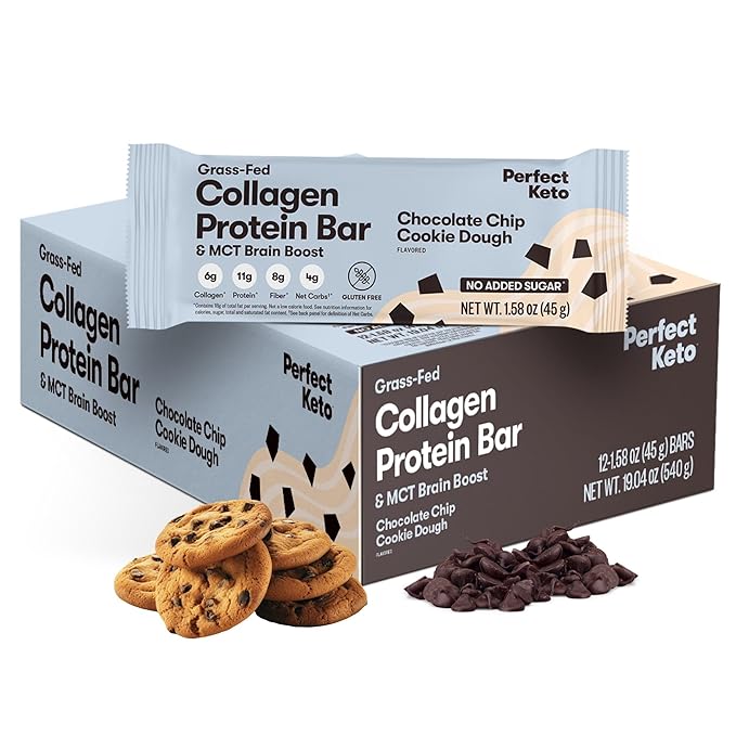 Perfect Keto Bars, Gluten Free Grass Fed Collagen + MCT Oil, Low Carb, No Sugar Added, High Protein Snacks, Keto Diet Foods, 11g Protein, 18g Fat, 3g Net Carbs, Chocolate Chip, 12 Bars