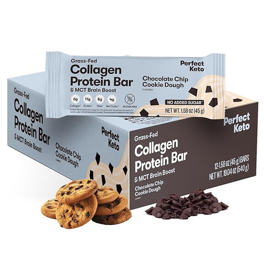 Perfect Keto Bars, Gluten Free Grass Fed Collagen + MCT Oil, Low Carb, No Sugar Added, High Protein Snacks, Keto Diet Foods, 11g Protein, 18g Fat, 3g Net Carbs, Chocolate Chip, 12 Bars