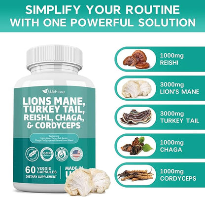 Lions Mane 3000mg Turkey Tail 3000mg 1000mg Chaga 1000mg Cordyceps 60 Capsules