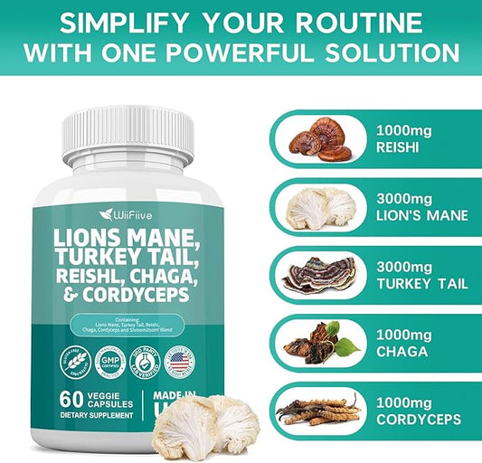 Lions Mane 3000mg Turkey Tail 3000mg 1000mg Chaga 1000mg Cordyceps 60 Capsules