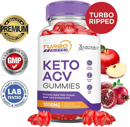 Justified Laboratories Turbo Ripped Keto ACV Gummies Advanced Formula 1000MG Turbo Ripped Keto Gummies Apple Cider Vinegar Formulated with Pomegranate Beet Juice Powder B12 Vegan Non GMO 60 Gummys