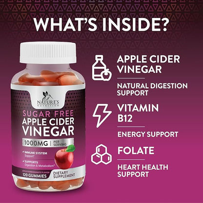 Apple Cider Vinegar Gummies for Weight Loss 1000mg - Vegan Apple Vinegar Gummy for Detox & Cleanse, ACV Supplement Pills, Vitamin B12, Sugar Free ACV Gummy, Non-GMO, Nature's Nutrition - 120 Gummies