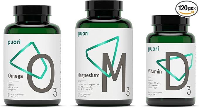 Puori Health Essentials Bundle Pack 3 Bottles 120 Capsules 3 Fish D3 -