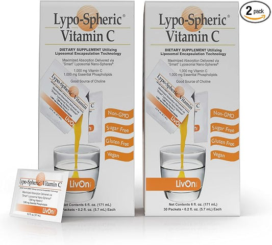 LivOn Laboratories Lypo–Spheric Vitamin C – 2 Cartons (60 Packets) 1,000 mg 1,000 mg 100% Non–GMO