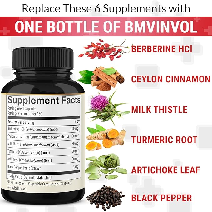 Berberine with Ceylon Cinnamon, Turmeric, Milk Thistle, Artichoke, Black Pepper - 150 Count - Pack of 1
