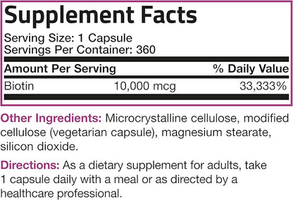 Bronson Ultra Biotin 10,000 Mcg Hair Skin and Nails Supplement, Non-GMO, 360 Vegetarian Capsule