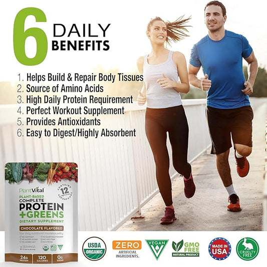 Plantvital Vegan Protein Powder Plant Based 24g/0g Sugar, 18 Superfoods, 48oz
