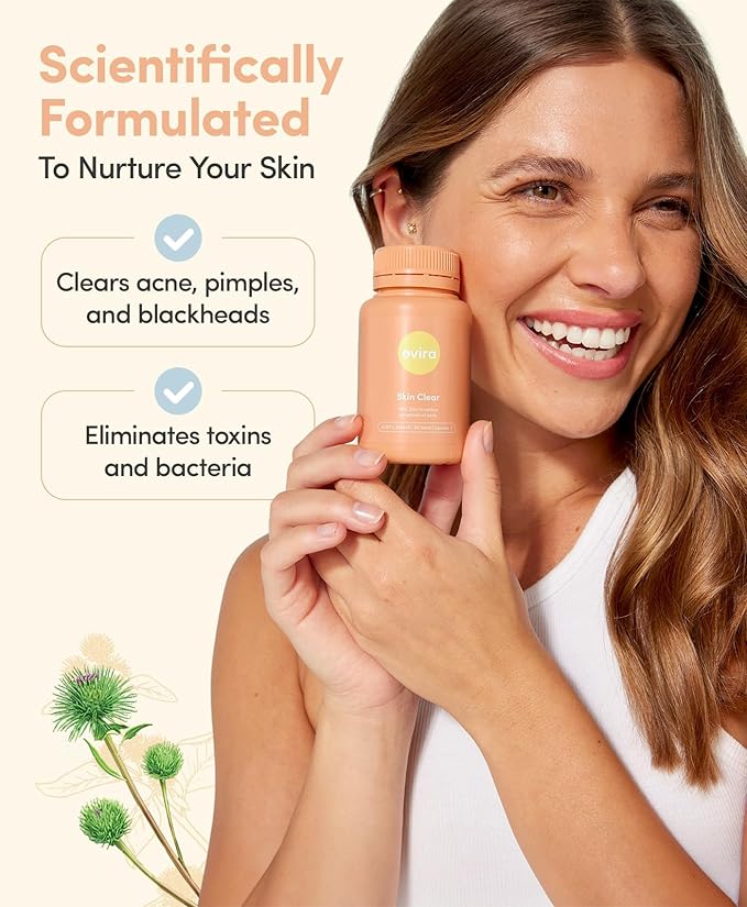 Ovira Skin Clear with ZINCBRIGHT - 60 Capsules for Clear and Glowing Skin | Rosacea & Hormonal Acne Treatment | Support Collagen Production | Acne Supplements for Women & Men - Pack of 2
