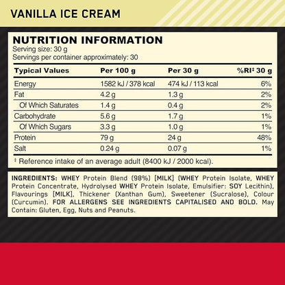 Optimum Nutrition Gold Standard 100% Whey Protein Powder, Vanilla Ice Cream, 2 Pound (Packaging May Vary)