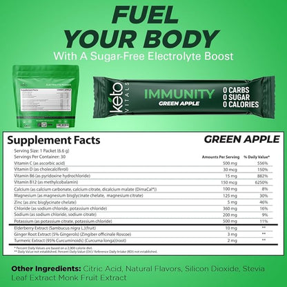 Keto Vitals Immunity Sugar Free Electrolytes Powder with Vitamin C, Ginger, Turmeric, & Elderberry - Boost Your Immune System and Rehydrate Your Body - Green Apple Flavor, 30 Count
