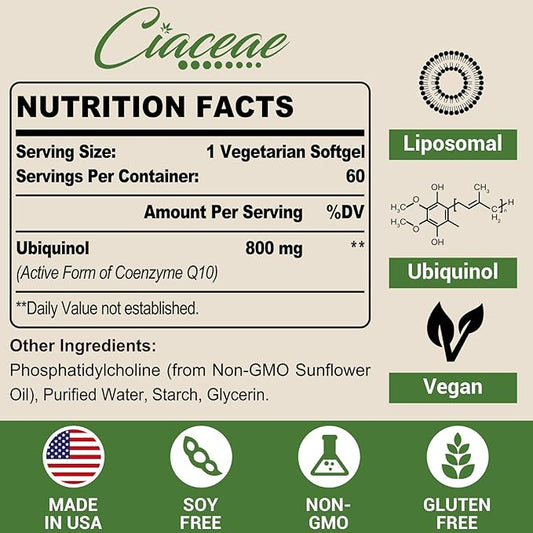 Liposomal CoQ10 800mg Ubiquinol Softgel, Max Q10, Ubiquinol CoQ10 Supplement CoQ10 800mg, 800mg, 60 60 Vegan