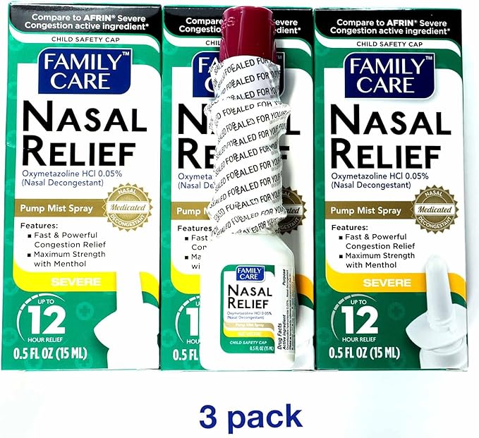 FamilyCare Nasal Relief Spray, Pump Mist, 12 Hours, 3 Pack