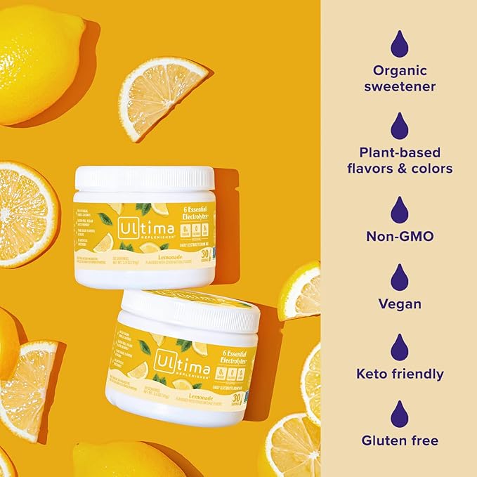 Ultima Replenisher Daily Electrolyte Powder Drink Mix – Lemonade, 30 Servings – Hydration Powder with 6 Key Electrolytes and Trace Minerals – Keto Friendly, Vegan, Non-GMO and Sugar-Free