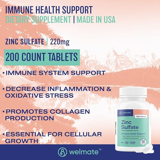 WELMATE Zinc Sulfate 220mg | Dietary Supplement | Immune Health Support | 200 Count Tablets