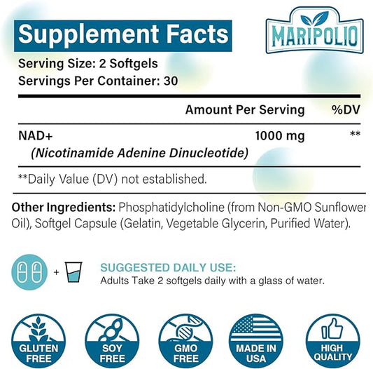 Liposomal NAD+ Supplement 1000 mg | Highest NAD Pontecy | Max Absorption | Pure NAD Supplement | Energy and DNA Repair, Aging Defense, Brain Function | 60 Softgels