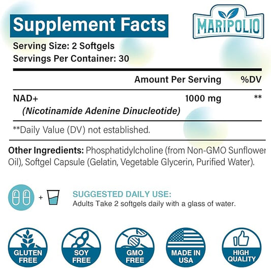 Liposomal NAD+ Supplement 1000 mg | Highest NAD Pontecy | Max Absorption | Pure NAD Supplement | Energy and DNA Repair, Aging Defense, Brain Function | 180 Softgels