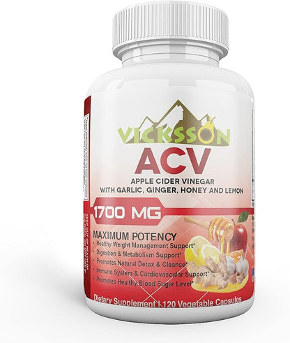 Vicksson Apple Cider Vinegar Pills 1700 mg of ACV with Garlic, Ginger, Lemon & Honey for Weight, Detox, Cleanse, Appetite, Bloating, Metabolism & Immune Support | 120 Capsules