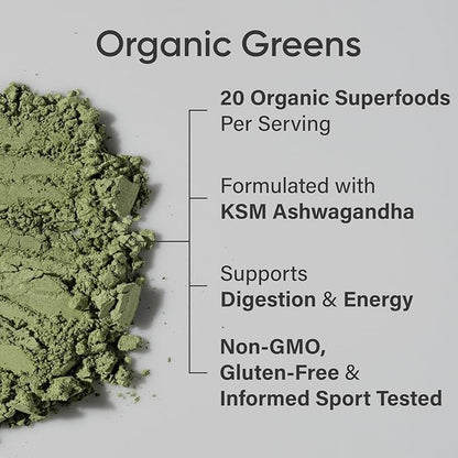 Sports Research® Organic Greens Superfood Powder w/Spirulina & Chlorella, Adaptogens, Enzymes, Probiotics & 8 VIT Bs for Gut & Mood Support* - Vegan, Sugar-Free & Low-Cal Original 30 Servings