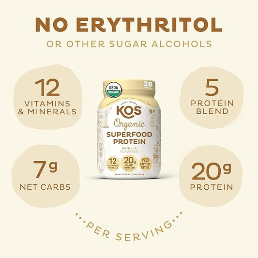 KOS Vegan Protein Powder Erythritol Free, 28 Servings