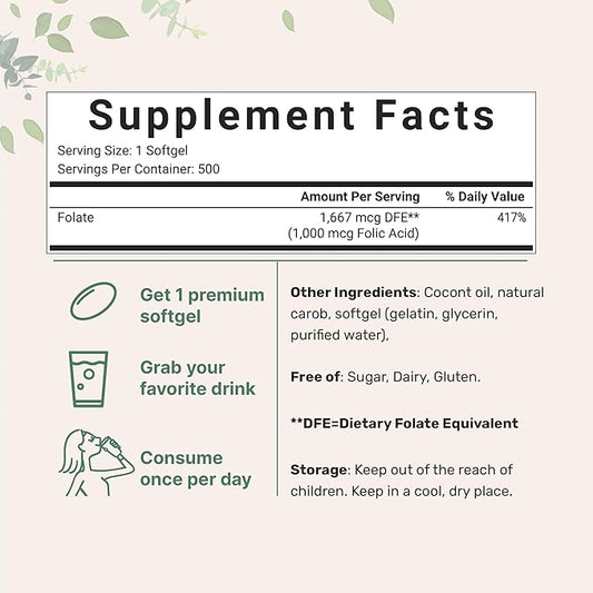 Folic Acid 1,000 mcg, 500 Coconut Oil Softgels (1mg) | Essential Prenatal Vitamins (Vitamin B9) | 1,667 mcg DFE | Third Party Tested, No Artificial Colors or Flavors | Non-GMO, Gluten Free