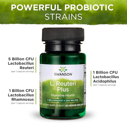 Swanson L. Reuteri Probiotic Plus w/L. Rhamnosus L. Acidophilus & FOS Prebiotic Digestive Support - Promotes Gut Health w/ 7 Billion CFU per Capsule - (30 Veggie Capsules) 2 Pack
