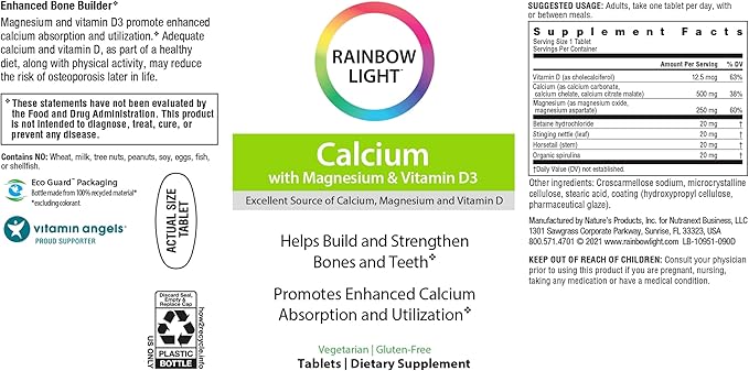Rainbow Light Calcium With Magnesium and D3 Tablets, 180 Count