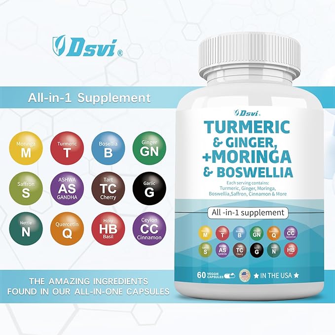60 Capsules Turmeric Curcumin 30000mg Ginger 3000mg Moringa 50000mg Boswellia 3000mg Saffron 2000mg Joint