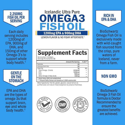 Triple Strength Omega 3 Fish Oil Supplement 2250mg EPA 3 Fatty 180 Omega3 Omega3 Softgels