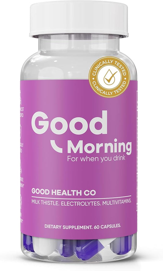Good Morning - Drink Tonight, Thrive Tomorrow | Clinically Tested Post-Drinking Relief, Liver Support and Hydration Recovery with Electrolytes, Milk Thistle + DHM. Cheers!