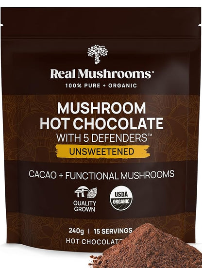 Real Mushrooms Unsweetened Organic Hot Chocolate Mix with 5 Defenders Turkey Tail, Chaga, Maitake, Shiitake, Reishi Mushroom - Cacao Powder Vegan Supplement, 15 Servings