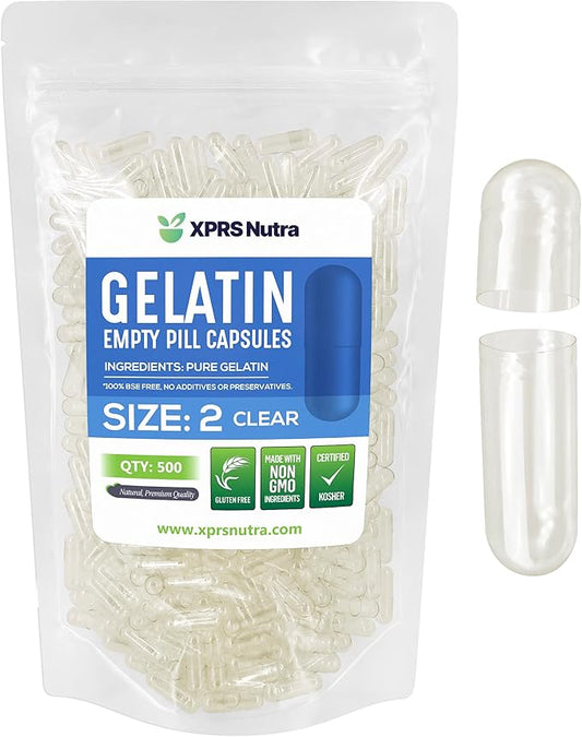 XPRS Nutra Size 2 Empty Capsules - 500 Count Clear Empty Gelatin Capsules - Empty Pill Capsules - DIY Capsule Filling - Pure Bovine Pill Capsules Empty Gel Caps