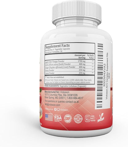 Vicksson Apple Cider Vinegar Pills 1700 mg of ACV with Garlic, Ginger, Lemon & Honey for Weight, Detox, Cleanse, Appetite, Bloating, Metabolism & Immune Support | 120 Capsules