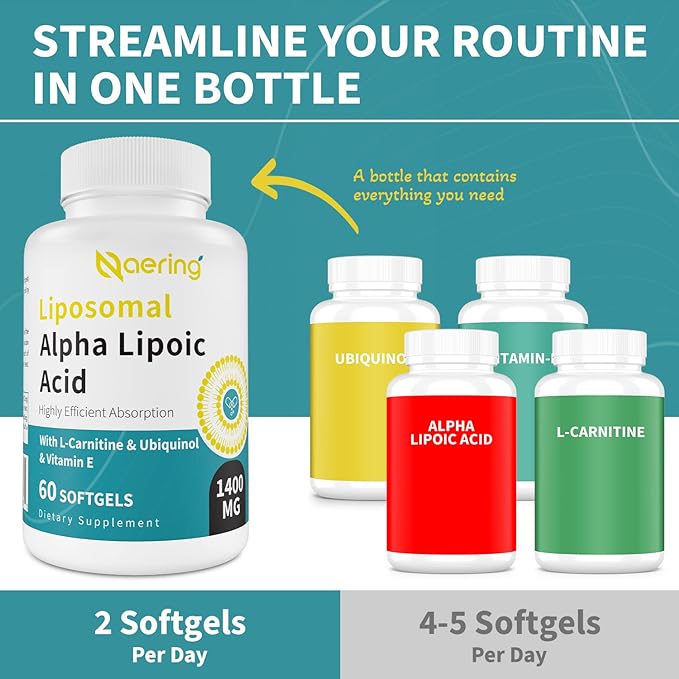 Liposomal Alpha Lipoic Acid 1400mg Softgels, 1000mg, Ubiquinol CoQ10) 100mg 100mg and 10mg,Alpha-Lipoic Acid 180 Softgels
