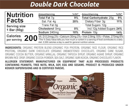NuGo Organic Double Dark Chocolate with Sea Salt, 10 Protein Bar, Vegan, Gluten Free, Non-GMO, Kosher Pareve, 12 Count