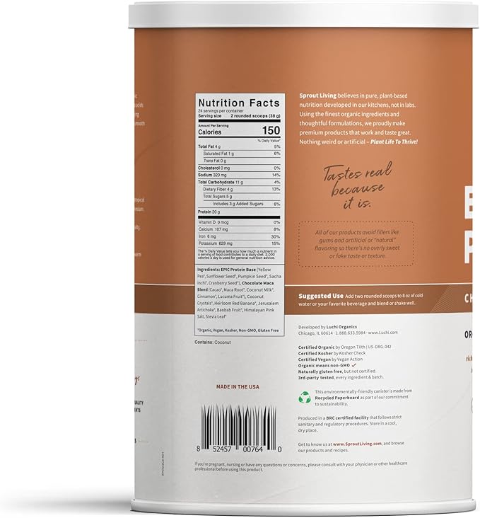 Sprout Living Epic Protein, Plant Based 20 Grams (2 Pound, 24 Servings)
